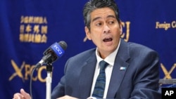 FILE - Palau's President Surangel Whipps Jr. speaks during a press conference at the Foreign Correspondents' Club of Japan (FCCJ), June 15, 2023, in Tokyo. Whipps has secured another term in office in its Nov. 5, 2024 election.