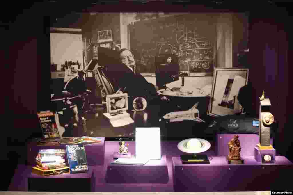 Some of the Hawking memorabilia on display at London’s Science Museum exhibition marking the scientist’s 70th birthday. (Science Museum PA)