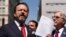 FILE - Sebastian Gorka, left, speaks during a press conference outside Manhattan criminal court on May 21, 2024, in New York. Gorka, now a senior U.S. counterterrorism official, said on Feb. 11, 2025, that the threat from jihadists is growing.