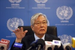 FILE - Tadamichi Yamamoto, head of the U.N. Assistance Mission in Afghanistan (UNAMA), speaks during a press conference in Kabul, Afghanistan, May 15, 2018.