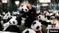 Giuseppe "Pino" Fichera, pemilik restoran Italia, mendekap boneka panda yang menjadi instalasi seni "Panda Mie" di restorannya untuk memperlihatkan dampak lockdown pandemi Covid-19 terhadap bisnis kuliner di Frankfurt, Jerman, 24 November 2020. (Foto: Reuters)