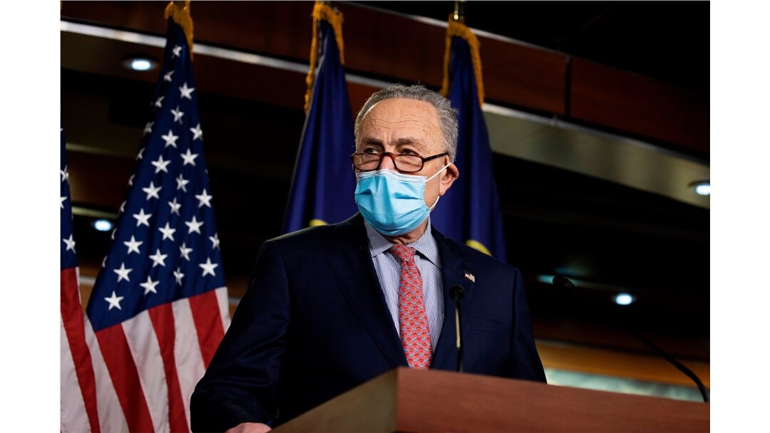 Senate Minority Leader Chuck Schumer (D-NY) speaks at a press conference on Capitol Hill on December 20, 2020 in Washington, DC.