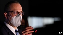 World Health organization Director for Europe Hans Kluge speaks to media during a press conference at a vaccination center in Bucharest, Romania, April 7, 2021. 