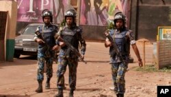 File: UN Peacekeepers on patrol in Bamako, Mali. Taken April 14, 2015