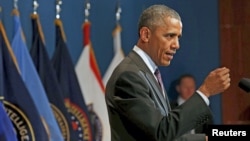 U.S. President Barack Obama delivers remarks at the Office of the Director of National Intelligence to mark its 10th anniversary, in McLean, Virginia, April 24, 2015.