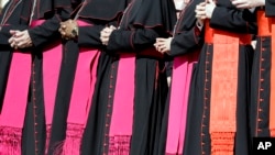 FILE - Bishops and cardinals attend Pope Francis' weekly general audience, at the Vatican, Sept. 27, 2017.