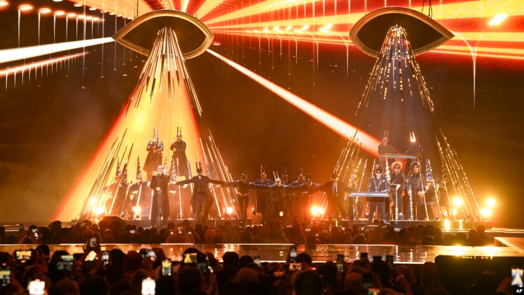 Neil Tennant, left, and Chris Lowe from the Pet Shop Boys perform alongside the Manchester Camerata during the MTV European Music Awards in Manchester, England, Nov. 10, 2024. (Scott A. Garfitt/Invision/AP)