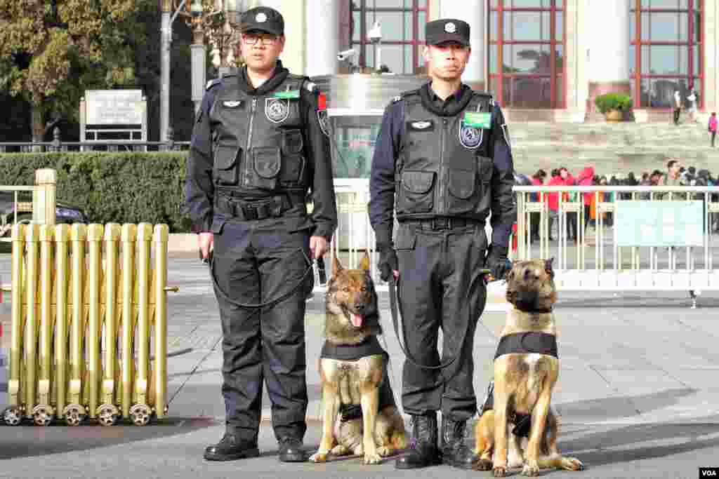 会场外待命的特警和警犬。（2016年3月5日 美国之音金子莹拍摄）