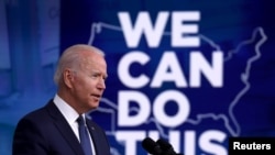 U.S. President Joe Biden speaks on the administration's coronavirus response and the vaccination program from the Eisenhower Executive Office Building's South Court Auditorium at the White House, July 6, 2021.