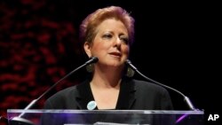 FILE - Caryl Stern, president and chief executive officer of UNICEF USA, delivers a speech in New York, April 11, 2013.