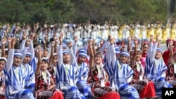 A traditional artist group performs during a ceremony marking Myanmar's 75th anniversary of Independence Day in Naypyitaw, Myanmar, Wednesday, Jan. 4, 2023.