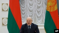 Belarus President Alexander Lukashenko addresses Prime Ministers from the Commonwealth of Independent States during a meeting, in Minsk, Belarus, May 28, 2021.