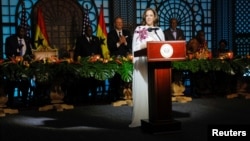 U.S. Vice President Kamala Harris delivers a speech at a state banquet during her week-long trip to Ghana, Tanzania and Zambia, in Accra, Ghana March 27, 2023. 