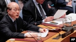 FILE- Chinese ambassador to the United Nations, Liu Jieyi, speaks during a Security Council meeting at United Nations headquarters in New York, March 2, 2016. On Tuesday, Liu called Tuesday for the full implementation of New York, March 2, 2016. On Tuesday, Liu called Tuesday for the full implementation of existing Security Council resolutions on North Korea.