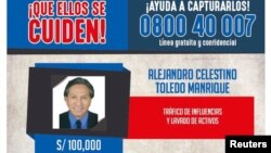 An international arrest warrant issued by Peru's Interior Ministry, offering 100,000 Peruvian soles ($31,000) for information on the whereabouts of former president Alejandro Toledo, is seen in Lima, Peru. (Peruvian Police/Handout)