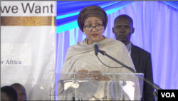 FILE - U.N. Deputy Secretary-General Amina Mohammed speaks in Victoria Falls, Zimbabwe, Feb. 25, 2020. (Columbus Mavhunga/VOA)