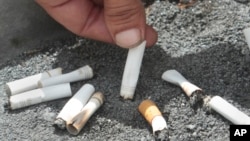 FILE - A smoker snuffs out a cigarette at the Capitol in Sacramento, California, June 22, 2012.