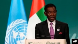 FILE—Equatorial Guinea President Teodoro Obiang Nguema Mbasogo speaks during a plenary session at the COP28 U.N. Climate Summit, December 2, 2023, in Dubai, United Arab Emirates.