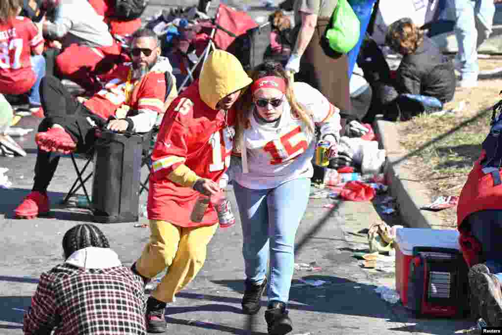 Fans leave the area after shots were fired after the celebration of the Kansas City Chiefs winning Super Bowl&nbsp;LVIII in Kansas City, Missouri, Feb. 14, 2024. (Credit: David Rainey-USA TODAY Sports)