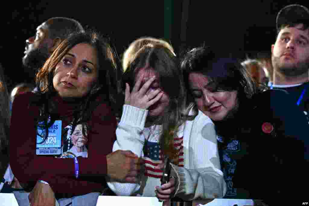 Supporters react to election results during an election night event for U.S. Vice President and Democratic presidential candidate Kamala Harris at Howard University in Washington, DC, on Nov. 5, 2024.