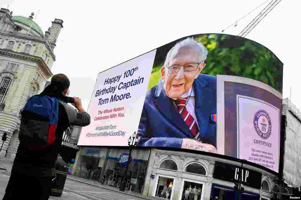 A happy birthday message is displayed on the big screen in Piccadilly Circus for army veteran Captain Tom Moore on his 100th birthday, in London,&#160;a gesture of appreciation for his fundraising achievements for the NHS.