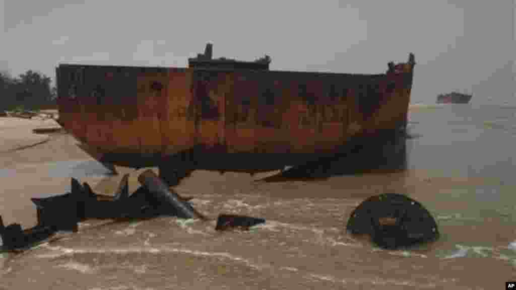 An abandoned ship is beached on the coastline of Nigeria.