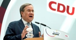 FILE - Armin Laschet, chairman of the German Christian Democratic Union, CDU, addresses the media during a news conference at the party's headquarters in Berlin, Germany, May 17, 2021.