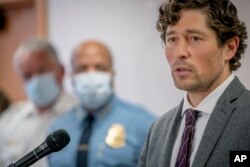 FILE - Minneapolis Mayor Jacob Frey speaks during a news conference, in Minneapolis, May 28, 2020.