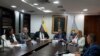 Acme Nogal, de izquierda a derecha, Juan Delpino, Antonio Meneces, Elvis Hidrobo Amoroso, Rosalba Gil y Carlos Quintero, durante una reunión privada en el Consejo Nacional Electoral, en Caracas, Venezuela, el 25 de agosto de 2023.