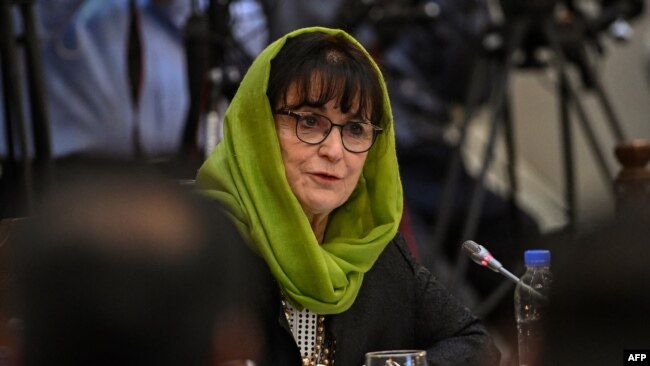 FILE - Deborah Lyons, head of the U.N. Assistance Mission in Afghanistan, attends a Joint Coordination and Monitoring Board meeting at the Afghan presidential palace in Kabul, July 28, 2021.