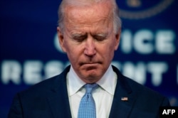 US President-elect Joe Biden speaks at the Queen Theater on January 6, 2021, in Wilmington, Delaware.
