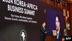 South Korean President Yoon Suk Yeol speaks during a 2024 Korea-Africa Business Summit with Mauritania President Mohamed Ould Ghazouani, not pictured, in Seoul on June 5, 2024.