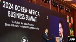 韩国总统尹锡悦2024年6月5日在“2024年韩国—非洲工商峰会”上发表讲话。（法新社）