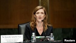 La exembajadora Samantha Power durante su audiencia de confirmación ante el Comité de Relaciones Exteriores del Senado, en marzo de 2021.