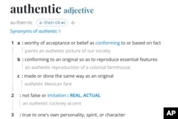 This image released by Merriam-Webster shows an online dictionary entry for authentic. (Merriam-Webster via AP)