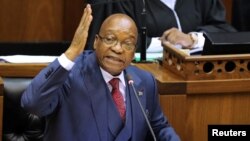 President Jacob Zuma gestures as he addresses the parliament in Cape Town, South Africa, Nov. 2, 2017. 