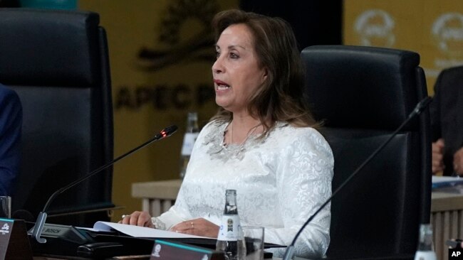 La presidenta de Perú, Dina Boluarte, habla durante el Diálogo Informal de Líderes de APEC en la Cumbre de APEC en Lima, Perú, el viernes 15 de noviembre de 2024. AP