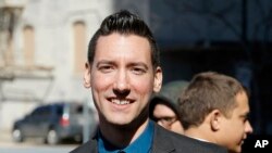 FILE - David Daleiden is pictured outside the Harris County Criminal Courthouse in Houston, Feb. 4, 2016. A federal jury on Nov. 15, 2019, found that Daleiden illegally secretly recorded workers at Planned Parenthood clinics.