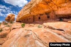 Ruins of a citadel at Cedar Mesa, built by the Anasazi ("Ancient Ones"), believed to be ancestors of the modern Pueblo Indians. Courtesy U.S. Department of Interior