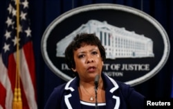 FILE - U.S. Attorney General Loretta Lynch speaks about the killing of police officers in Dallas, Texas, during a press conference at the Department of Justice in Washington, D.C., July 8, 2016.