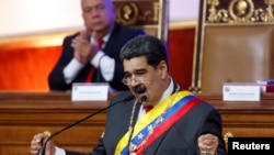 Venezuela's President Nicolas Maduro delivers his annual state of the nation speech during a special session of the National Constituent Assembly, in Caracas, Venezuela, Jan. 14, 2020.