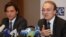 Antonio Milososki, the Head of the OSCE/ODIHR Election Observation Mission in Minsk, right, speaks, as Matteo Mecacci, left, looks on during a news conference, Sept. 24, 2012.