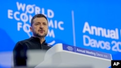 Ukrainian President Volodymyr Zelenskyy speaks at the Annual Meeting of World Economic Forum in Davos, Switzerland, Jan. 21, 2025.