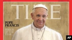 Pope Francis, Time magazine's 2013 Person of the Year, is seen an undated photo of the magazine cover provided by Time, Dec. 11, 2013. 