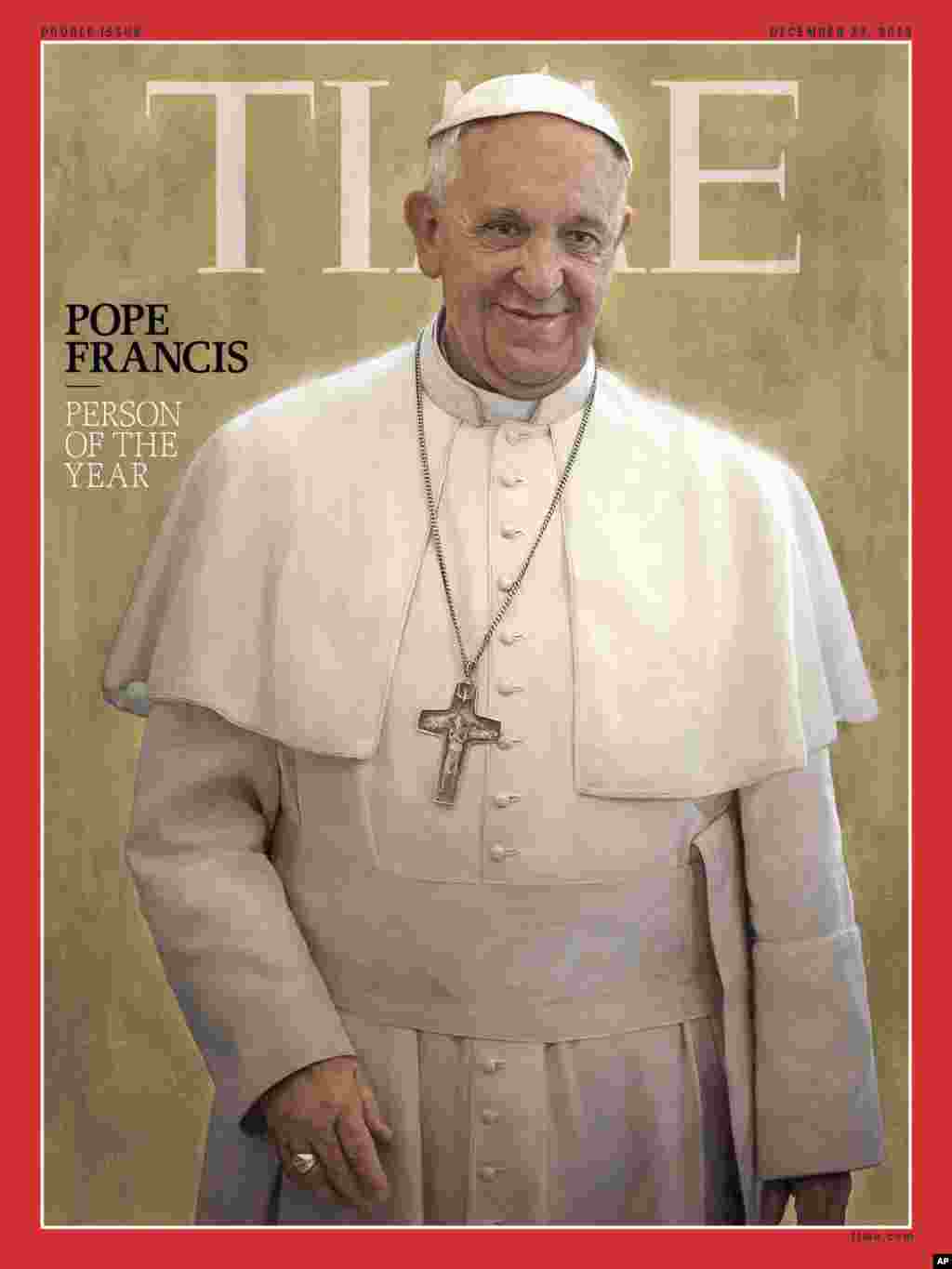 Paus Fransiskus, pada sampul majalah Time edisi 11 Desember 2013. Time menganggap pemimpin baru Gereja Katolik itu telah mengubah persepsi organisasinya dengan cara yang luar biasa.