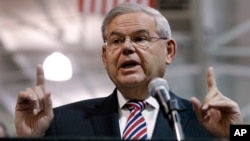 FILE - Sen. Robert Menendez, D-N.J., shown speaking in Garwood, N.J., last month, has said repeatedly that he is not guilty of corruption and has indicted no plans to resign from the Senate.