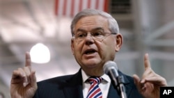 FILE - Sen. Robert Menendez, D-N.J., shown speaking in Garwood, N.J., last month, has said repeatedly that he is not guilty of corruption and has indicted no plans to resign from the Senate.