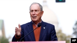 FILE - Former mayor of New York City Michael Bloomberg speaks to the media in Jackson, Miss., Nov. 29, 2018. 