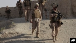 FILE - A U.S. Marine patrols a village while on a joint mission with Afghan National Army soldiers to clear the town of Taliban insurgents in the Helmand province of Afghanistan, Aug. 13, 2009. 