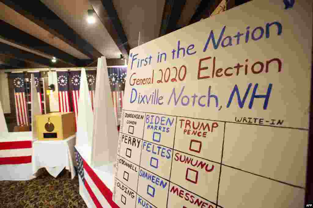 Papan dengan nama kandidat terlihat di ruangan tempat para pemilih AS memberikan suara mereka di Hale House di Balsams Resort dalam Pilpres AS di Dixville Notch, New Hampshire.